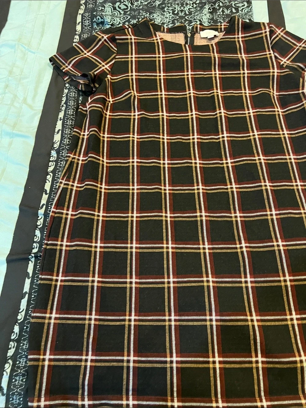 LOFT Black Plaid Short-Sleeve Shift Dress with Red and Cream Stripes